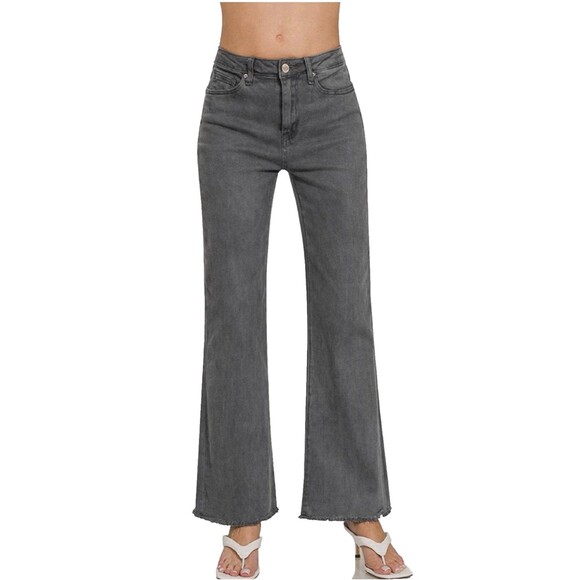 Zenana Denim - Zenana Flare Jeans Womens M Stretch Raw Hem Gray Denim Neutral Casual Boho